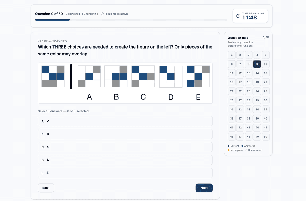 A 50-question, 12-minute cognitive practice session with a visible countdown, question map, and full-screen focus mode.